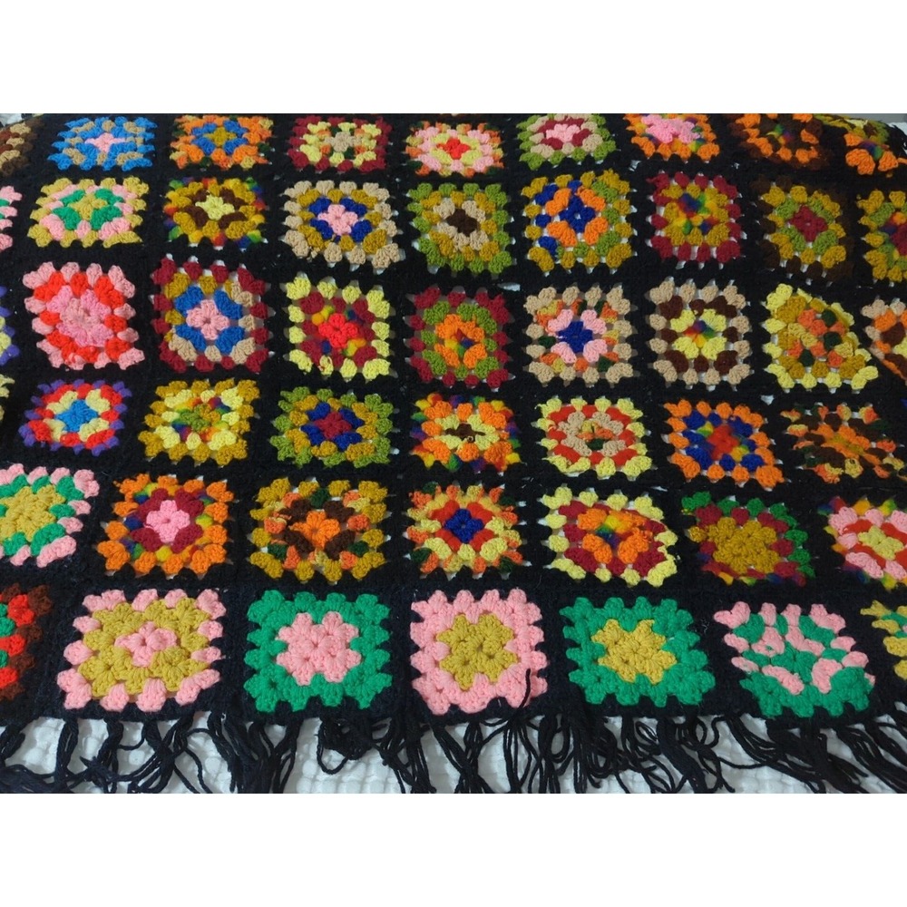 Handmade crocheted granny square afghan fringe blanket throw black multi-colored